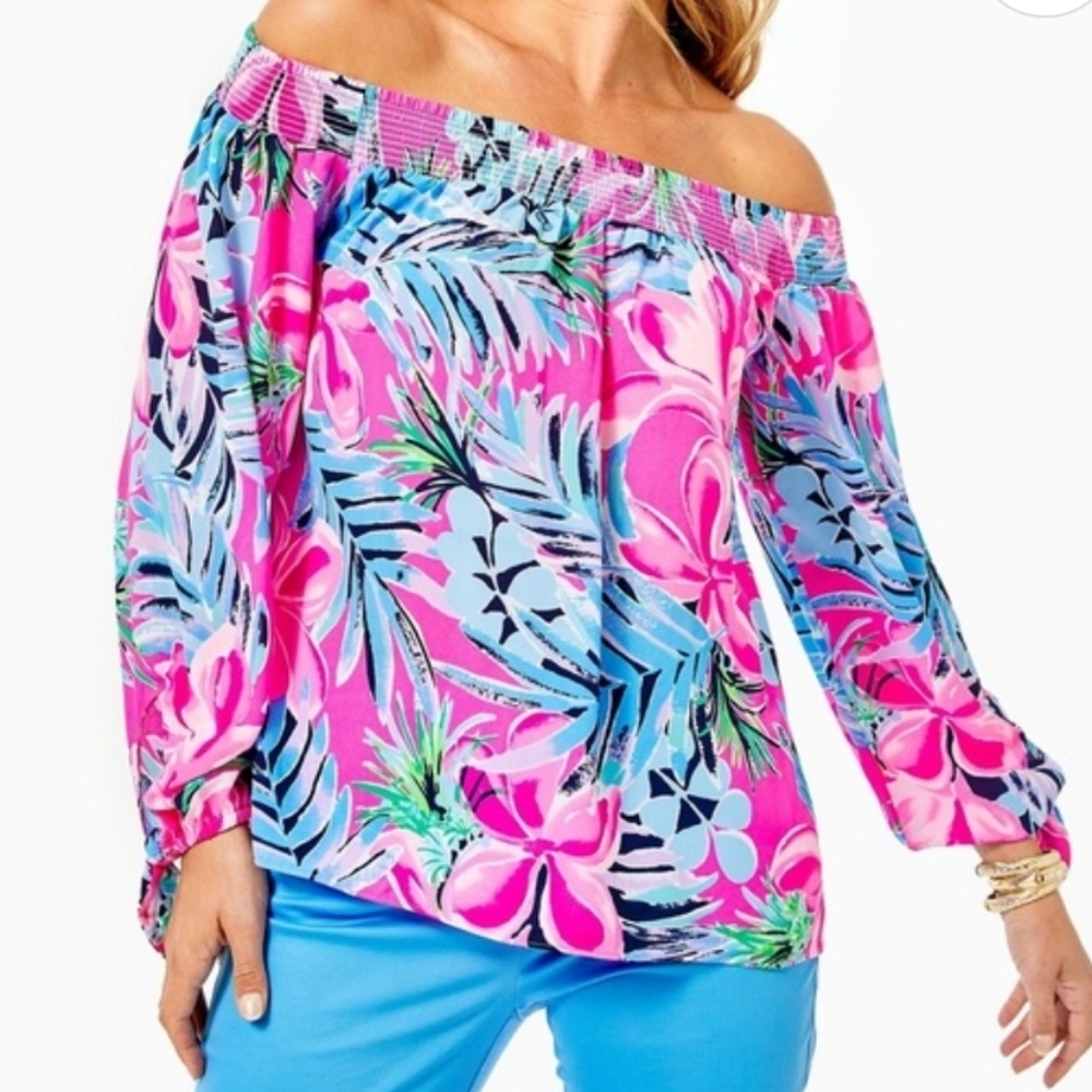 Lilly Pulitzer Off-the-shoulder Maryellen Top Cockatoo Pink Pretty Sz L
